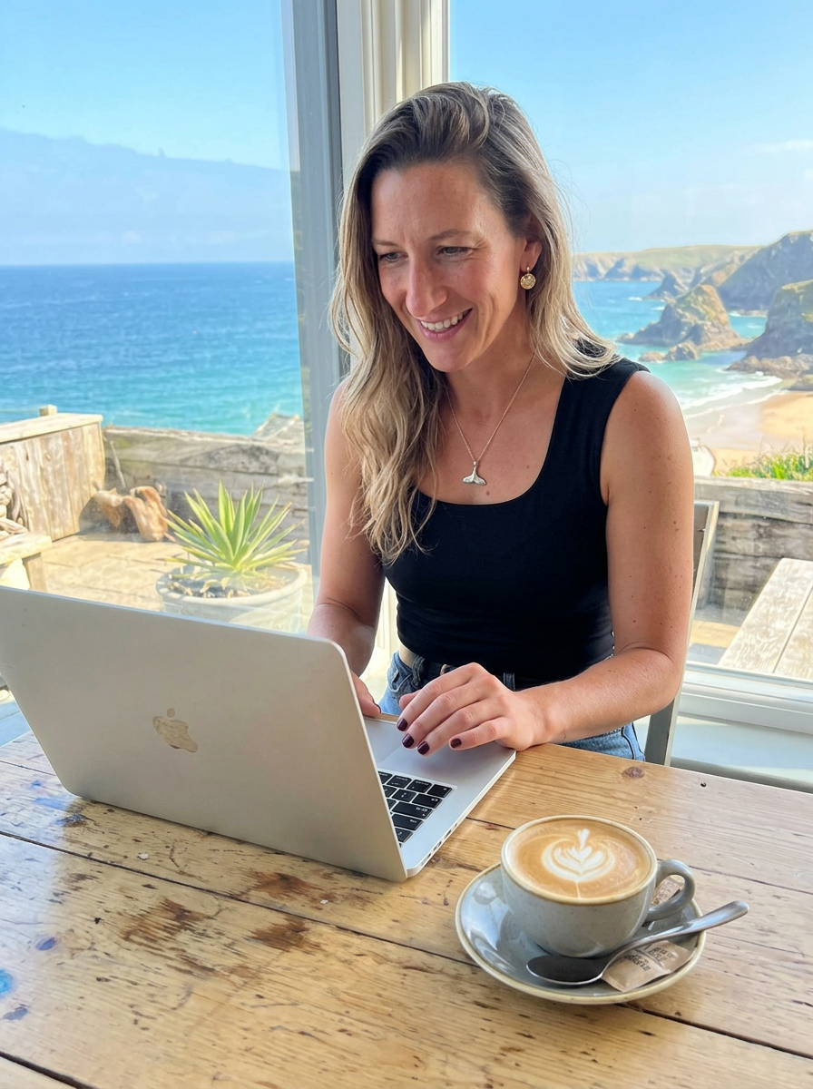Bronwyn Lear working at her laptop with coffee and the coastline behind her
