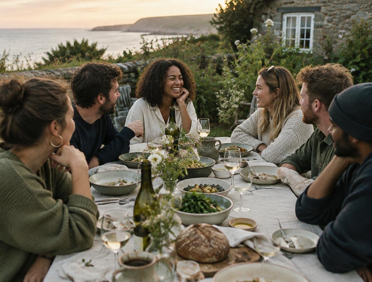 Friends talking over supper by the coast