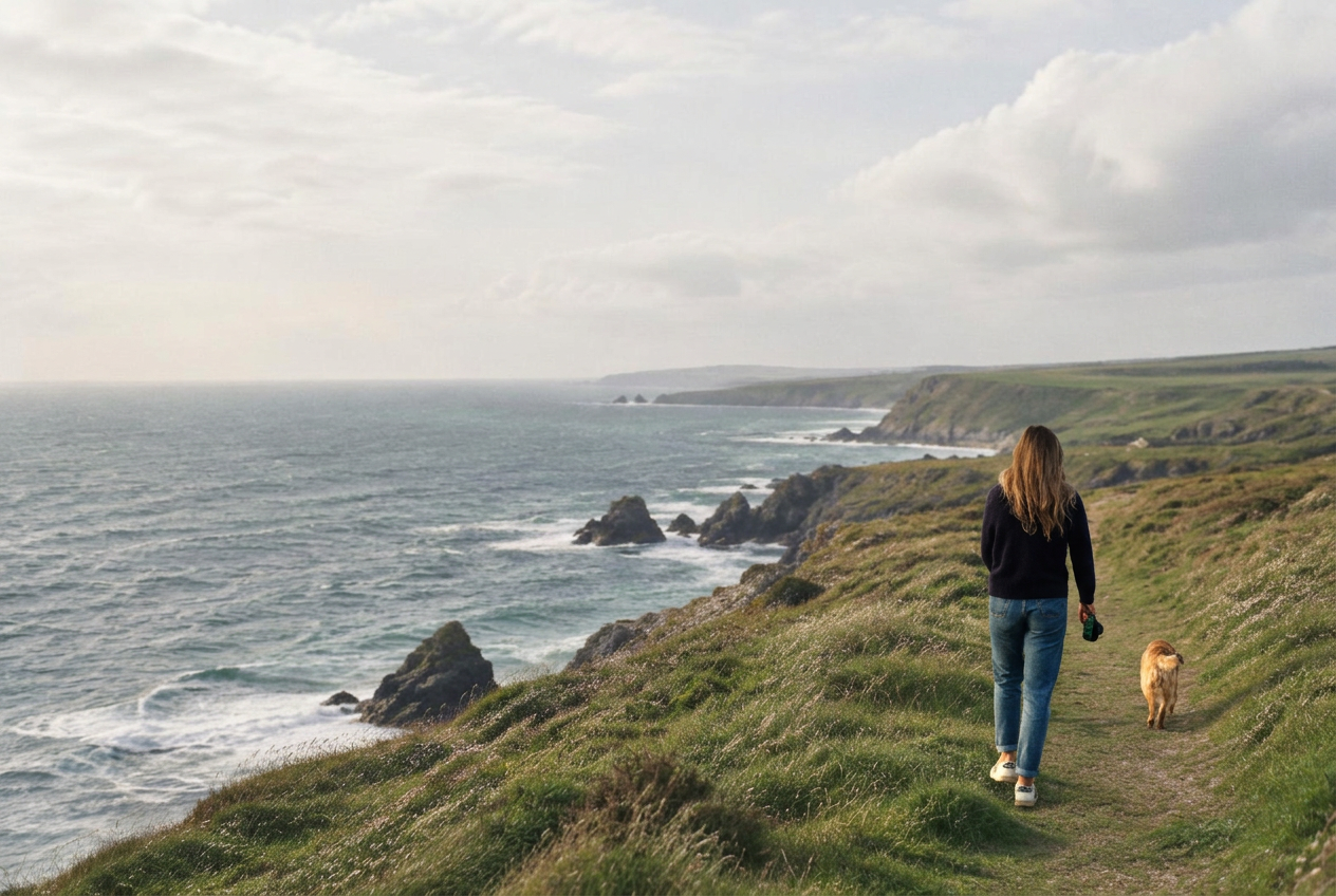 Bronwyn walking her dog along a Cornish coastal path